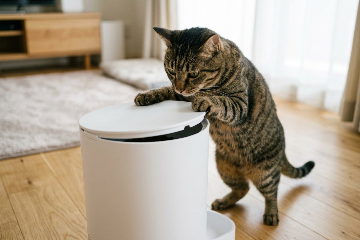 キジトラの成猫が後ろ足で立ち、自動給餌器のフードタンクのフタに両前足をかけて持ち上げようとしている