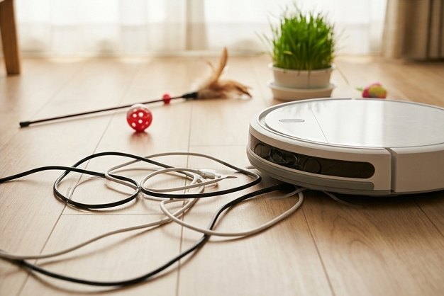 床に充電ケーブルが何本も絡まり、猫じゃらしやボール、猫草の鉢が置かれたリビング。ロボット掃除機がケーブルに引っかかって止まっている