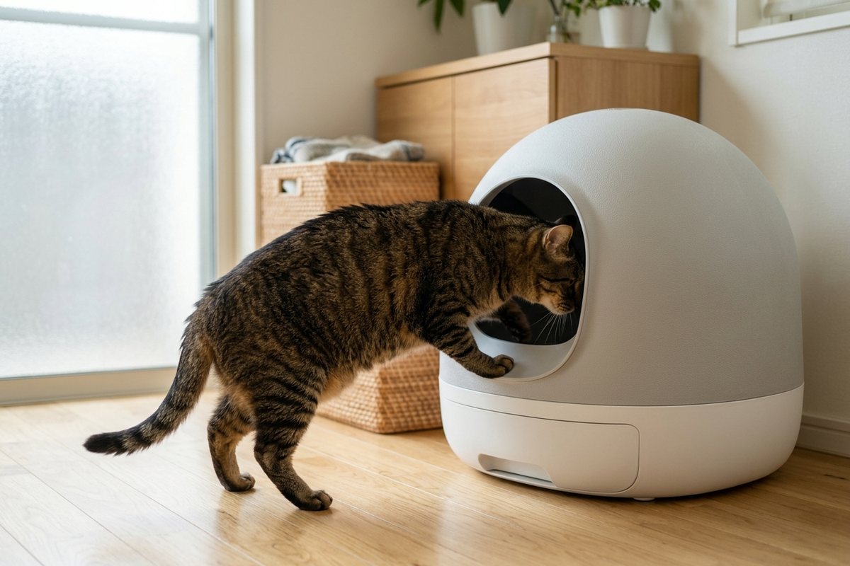 キジトラの成猫がドーム型自動猫トイレの入口を真横からまたいで入ろうとしており、入口の高さと猫の体高が比べられる