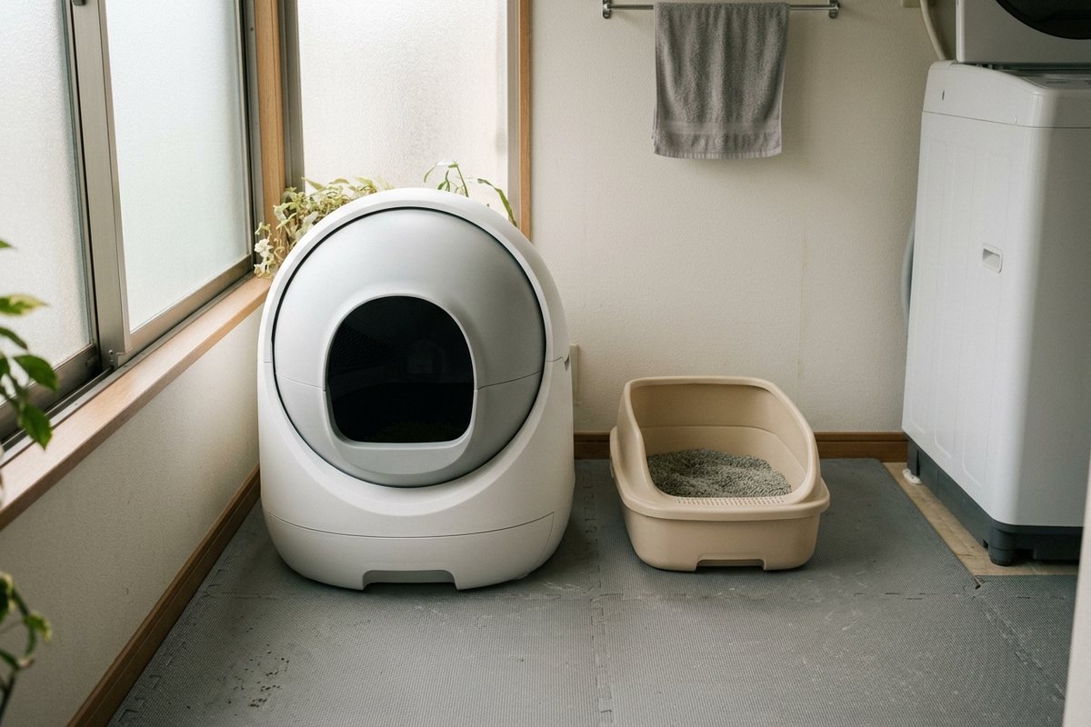 洗面所の隅に、ドーム型の自動猫トイレと、その半分以下の高さの普通の箱型猫トイレが並べて置かれている